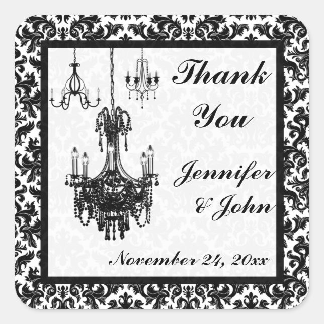 Black and White Damask Chandeliers Wedding Favor Square Sticker (Front)
