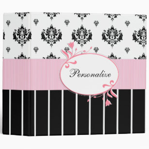 Black And White Damask Chic Pink Floral With Name Binder