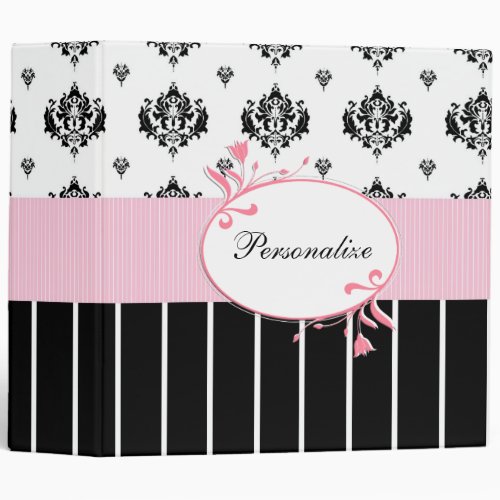 Black And White Damask Chic Pink Floral With Name Binder