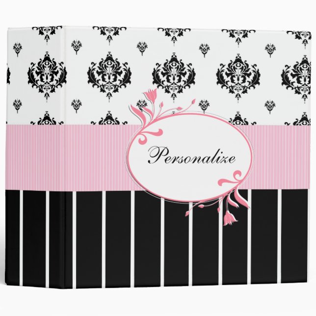 Black And White Damask Chic Pink Floral With Name Binder (Front/Spine)