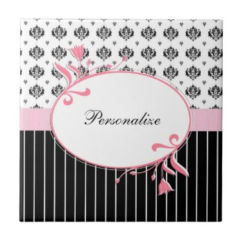 Black And White Damask Chic Pink Floral With Name Ceramic Tile by PhotographyTKDesigns at Zazzle