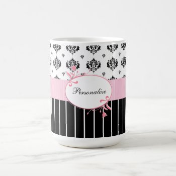 Black And White Damask Chic Pink Floral With Name Coffee Mug by PhotographyTKDesigns at Zazzle
