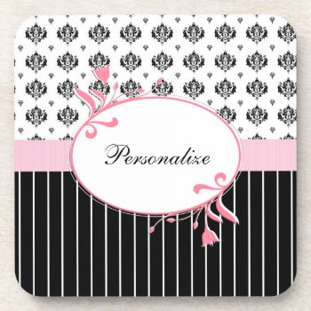 Black And White Damask Chic Pink Floral With Name Drink Coaster by PhotographyTKDesigns at Zazzle