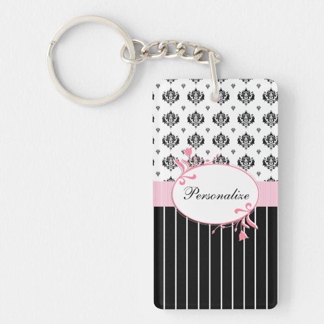 Black And White Damask Chic Pink Floral With Name Keychain (Front)