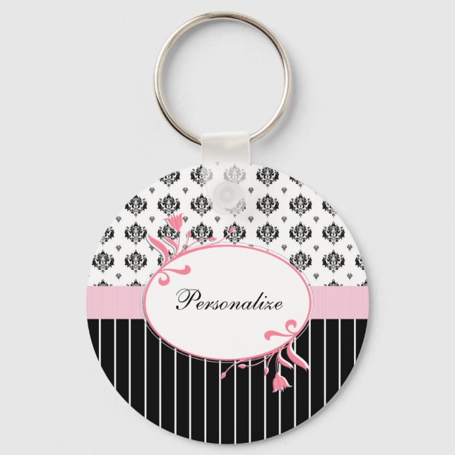 Black And White Damask Chic Pink Floral With Name Keychain (Front)