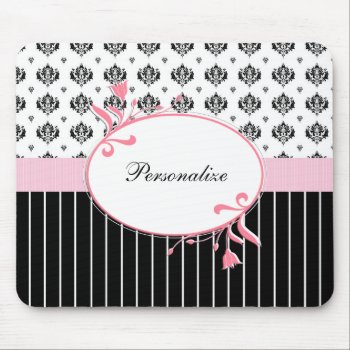 Black And White Damask Chic Pink Floral With Name Mouse Pad by PhotographyTKDesigns at Zazzle