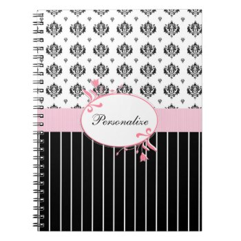 Black And White Damask Chic Pink Floral With Name Notebook by PhotographyTKDesigns at Zazzle