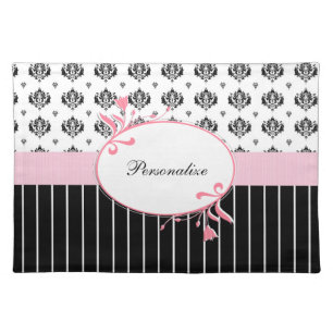 Black And White Damask Chic Pink Floral With Name Placemat