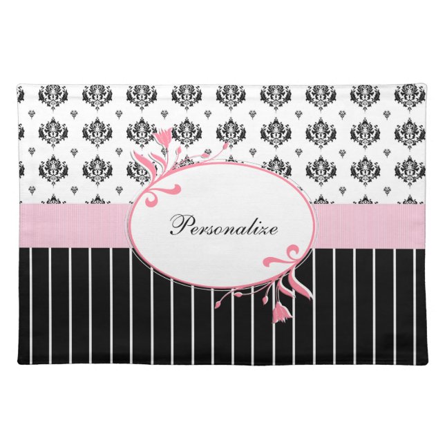 Black And White Damask Chic Pink Floral With Name Placemat (Front)