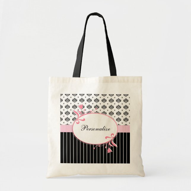 Black And White Damask Chic Pink Floral With Name Tote Bag (Front)