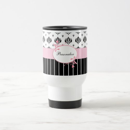 Black And White Damask Chic Pink Floral With Name Travel Mug