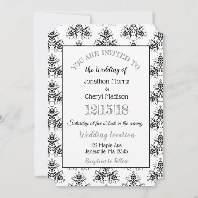 Black and White Damask Classy Wedding invitations (Front)