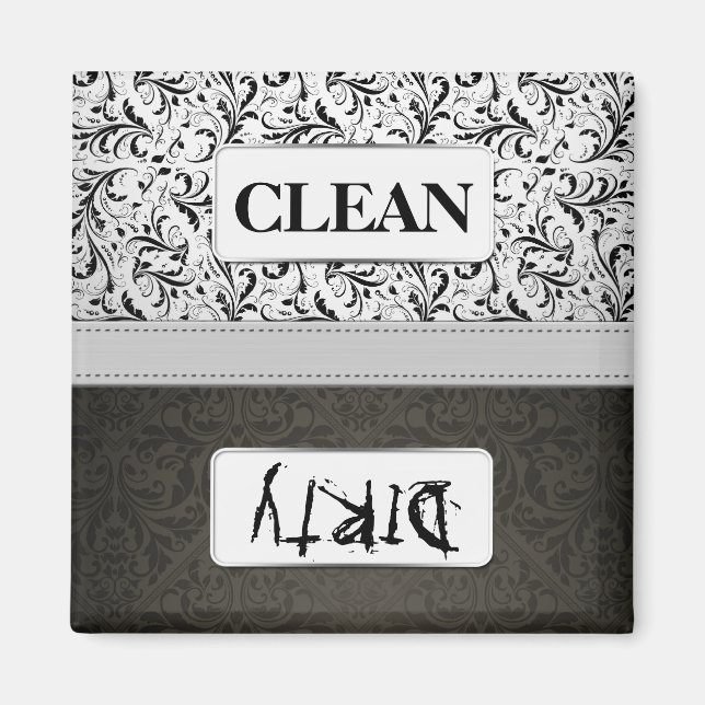 Black and White Damask Clean / Dirty Dishwasher Magnet (Front)