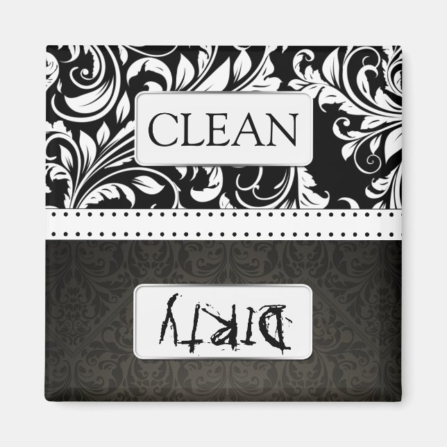 Black and White Damask Clean / Dirty Dishwasher Magnet (Front)