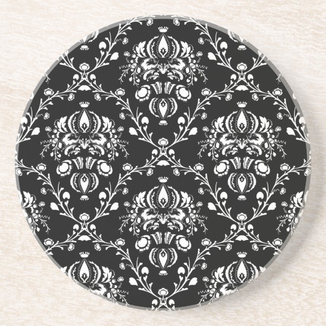 Black and White Damask Drink Coaster (Front)