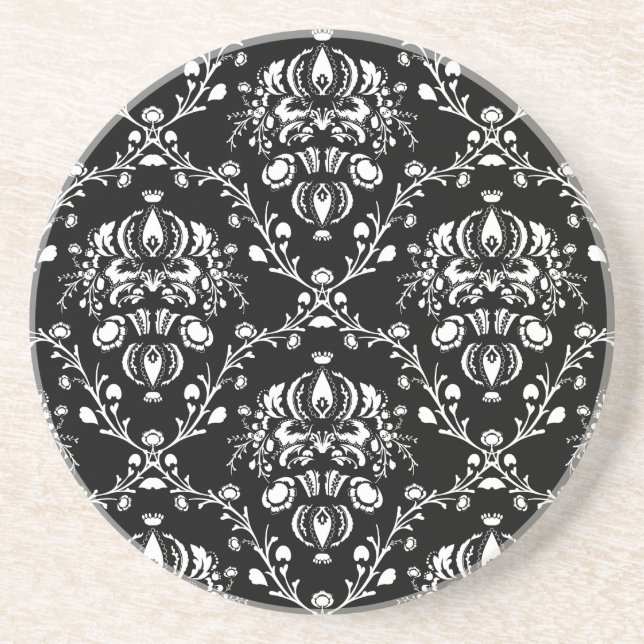 Black and White Damask Drink Coaster (Front)