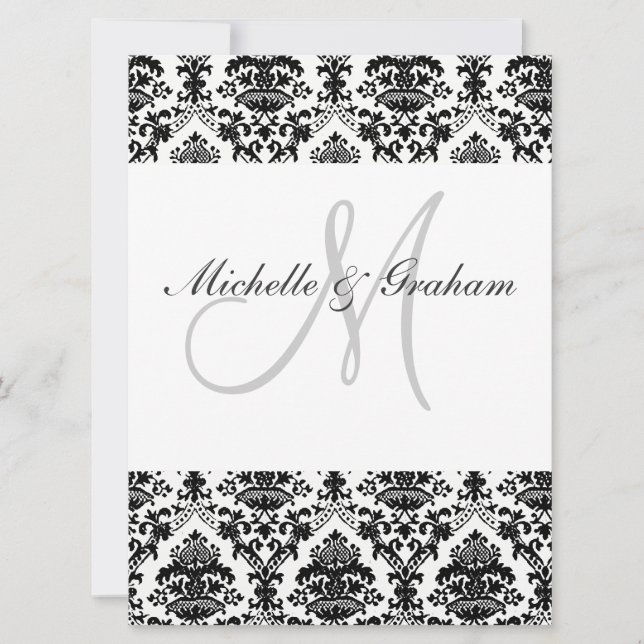 Black and White  Damask Elegant Wedding Invitation (Front)