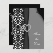 Black and White Damask FAUX ribbon diamante design Announcement Postcard (Front/Back)