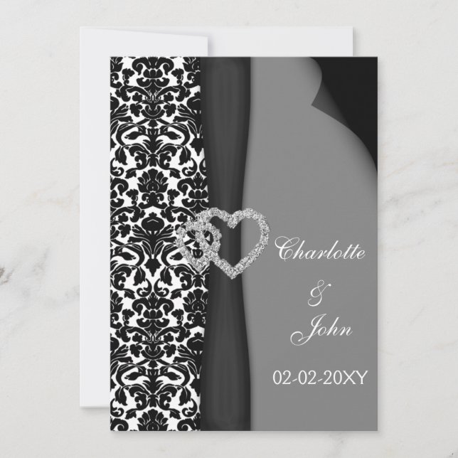 Black and White Damask FAUX ribbon diamante design Invitation (Front)