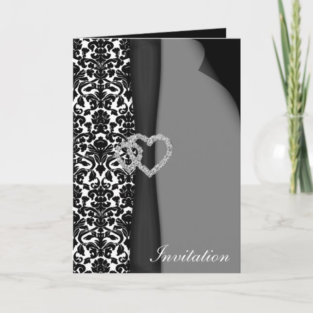Black and White Damask FAUX ribbon diamante design Invitation (Front)