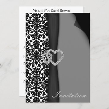 Black and White Damask FAUX ribbon diamante design Invitation