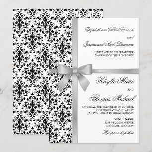 Black and White Damask Faux Silver Ribbon Wedding Invitation