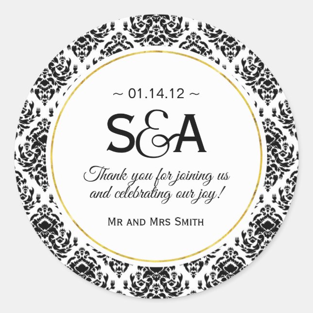 Black and White Damask Favor Stickers (Front)