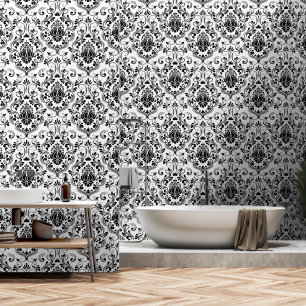 Black and White Damask Floral peel and stick Wallpaper