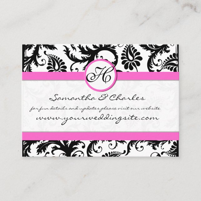 Black and White Damask Floral  with Pink Trim Business Card (Front)