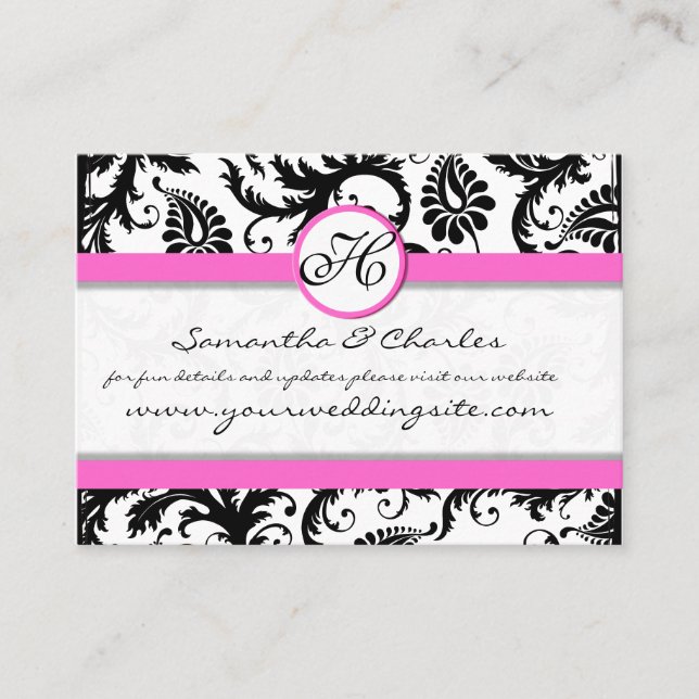 Black and White Damask Floral  with Pink Trim Business Card (Front)