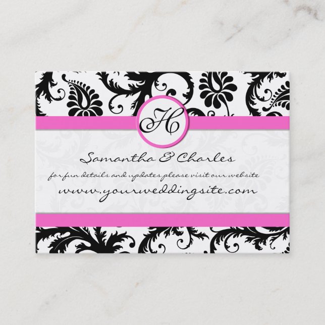 Black and White Damask Floral  with Pink Trim Business Card (Front)