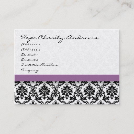 Customizable Black and White Damask Floral with Purple Ribbon Business Card Templates