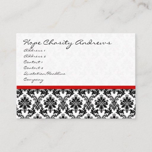 Customizable Black and White Damask Floral  with Red Ribbon Business Cards