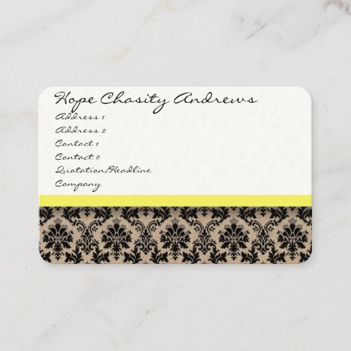 Customizable Black and White Damask Floral with Yellow Ribbon Business Cards