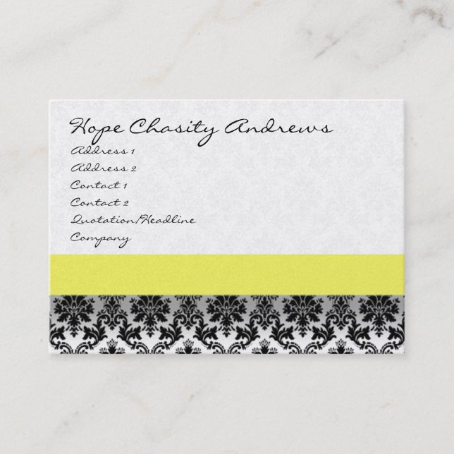 Black and White Damask Floral  with Yellow Ribbon Business Card (Front)
