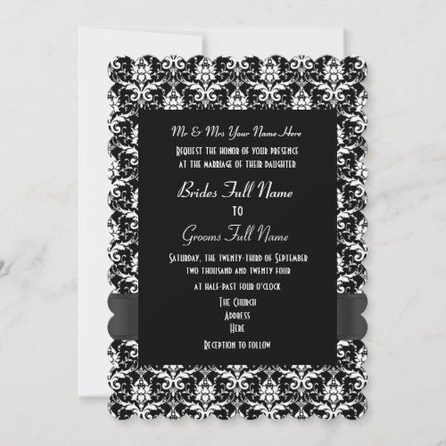 Black and white damask formal wedding invitation