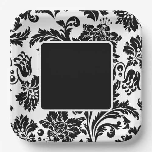 Black and white damask formal wedding paper plate