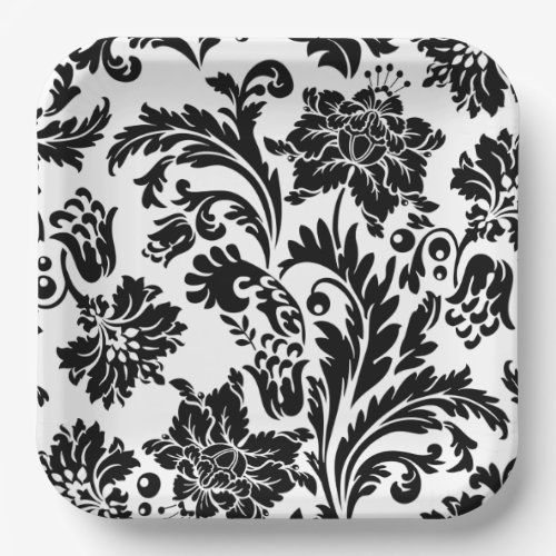 Black and white damask formal wedding paper plate