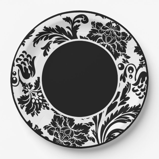 Black and white damask formal wedding paper plate (Front)