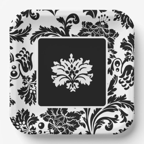 Black and white damask formal wedding paper plate