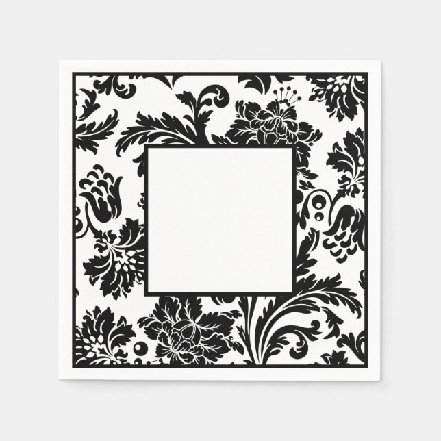 Black and white damask formal wedding paper plate napkins (Front)