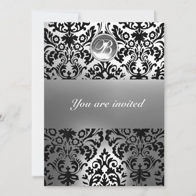 BLACK AND WHITE DAMASK GEM STONE MONOGRAM INVITATION (Front)