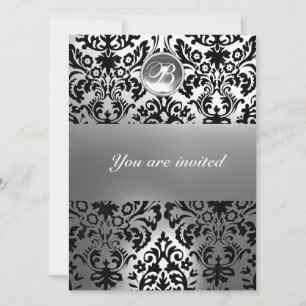 BLACK AND WHITE DAMASK GEM STONE MONOGRAM INVITATION