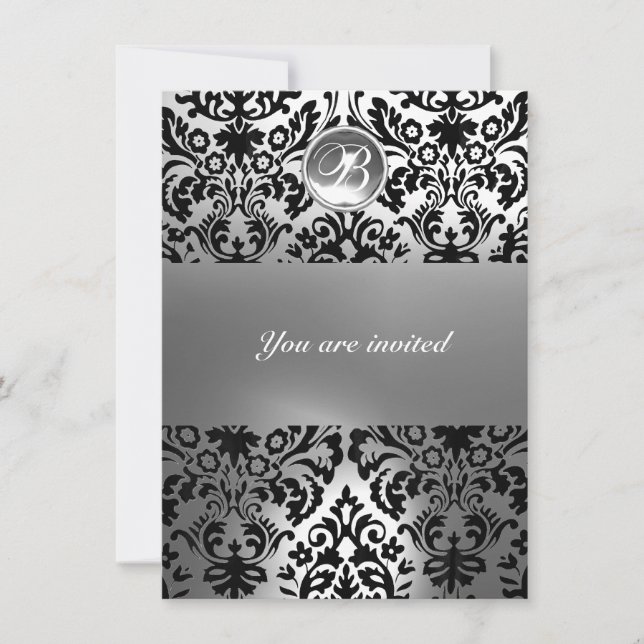 BLACK AND WHITE DAMASK GEM STONE MONOGRAM INVITATION (Front)