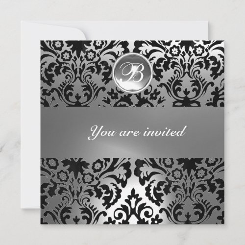 BLACK AND WHITE DAMASK GEM STONE MONOGRAM INVITATION