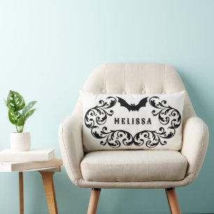 Black and White Damask Glam Bat Personalized Lumbar Pillow