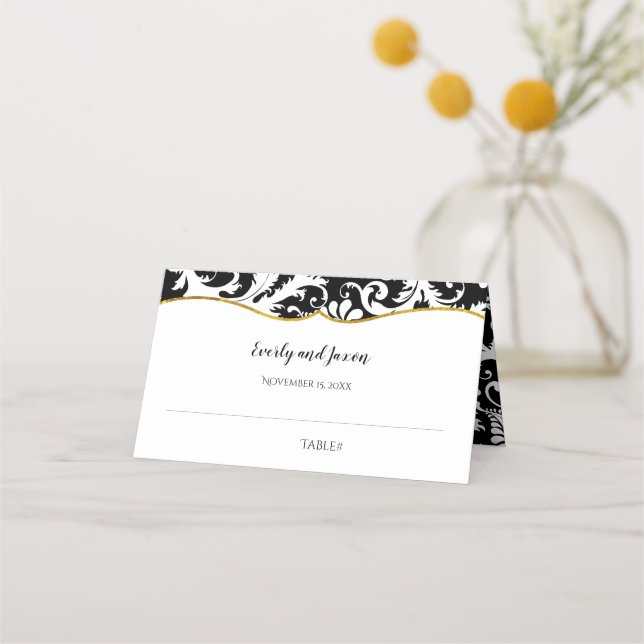 Black and White Damask Gold Trim Wedding Place Card (Front)