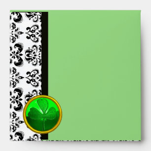 BLACK AND WHITE DAMASK ,GREEN SHAMROCK ENVELOPE