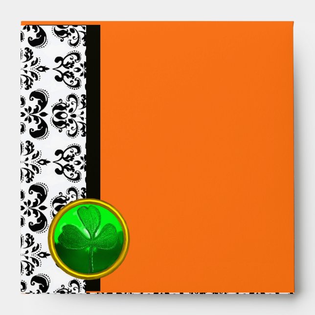 BLACK AND WHITE DAMASK ,GREEN SHAMROCK Orange Envelope (Front)