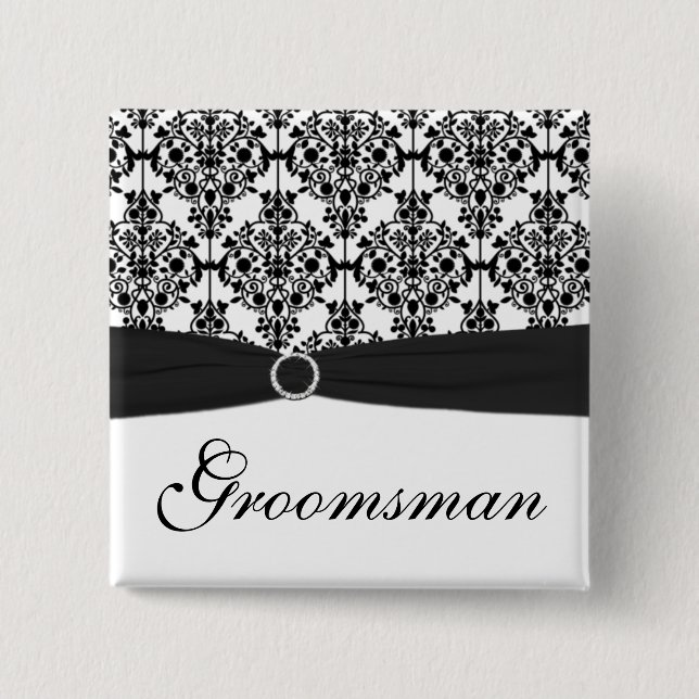 Black and White Damask Groomsman Pin (Front)